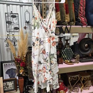 Untranice Floral Wrap Dress Women Size S White Ruffle Hem Casual Midi